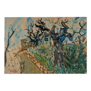 Saturo, Winter Vineyard Path with Bare Trees, Oil on Paper For Sale