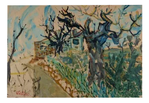 Saturo, Winter Vineyard Path with Bare Trees, Oil on Paper