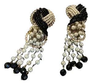 1980s Costume Jewelry Black Bead and Cream Pearls Italian Clip-on Earrings