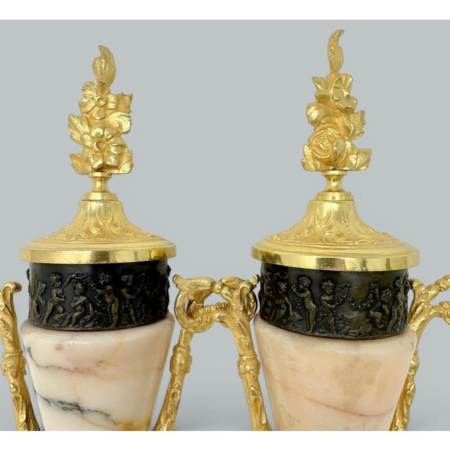 Pair French Regency Styl Giallo Sienna Marble Gilt Bronze Cassolettes Urns Vases For Sale - Image 9 of 10