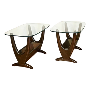 Adrian Pearsall Mid Century Modern Walnut Accent Side Tables Removable Brass Insert - A Pair