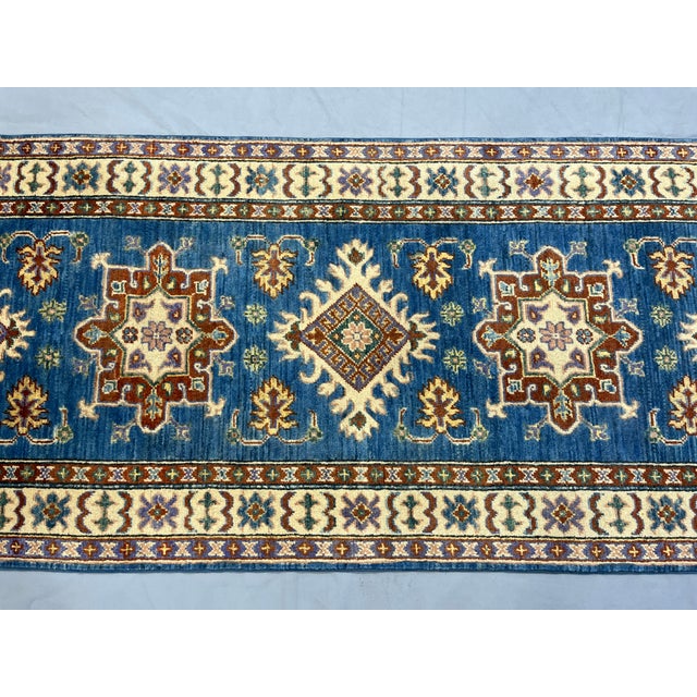 2000 - 2009 Blue and Beige Kazak-Style Wool Runner Rug, Natural Dyes, 2'8" X 9'9" For Sale - Image 5 of 14