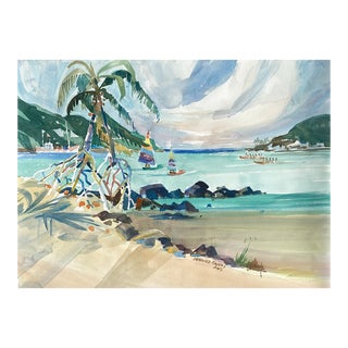 1980s Sanford Brooks Impressionist Caribbean Beach Watercolor For Sale