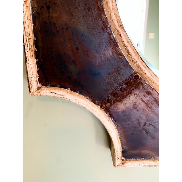 Spanish Revival Handcrafted Patinated Metal Spanish Revival Architectural Wall Mirror With Scalloped Frame For Sale - Image 3 of 7