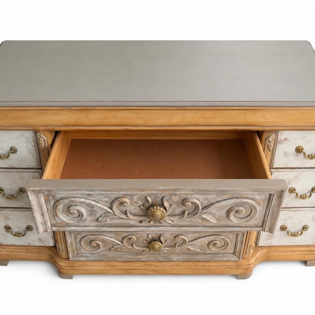 2010s Vintage French Provincial 12-Drawer Serpentine Dresser • 73” Long • Hand-Carved Details • Taupe, Ivory & Antique Gold For Sale - Image 5 of 14