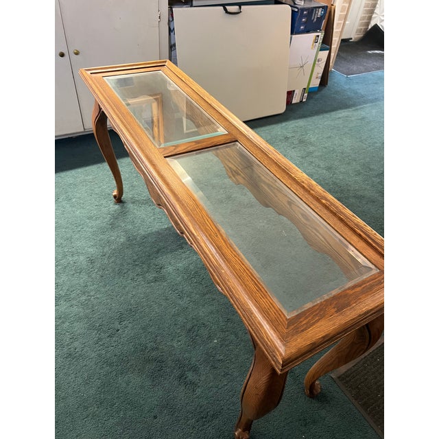 1970s Pennsylvania House Queen Anne Oak Glass Coffee Table Carved Vintage For Sale In Cleveland - Image 6 of 8