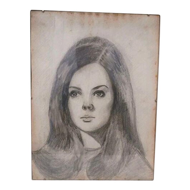 1950s Beautiful Lady Portrait Pencil Drawn Original Drawing Art Glass Framed For Sale