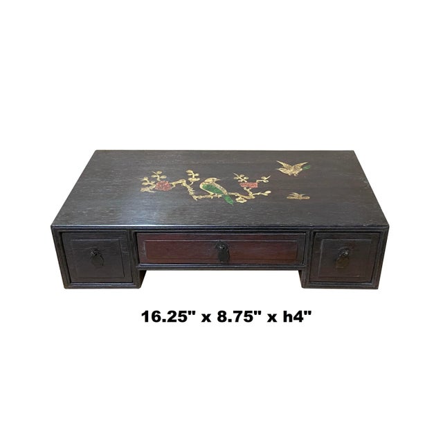 This is a handmade Chinese accent decorative display stand made of wood with small drawers. The flower birds mother of...