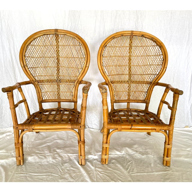 Just in, this Pair of Vintage Stylish Bamboo & Rattan Fan Back Arm Chairs with New pale pink linen Cushions. These very...