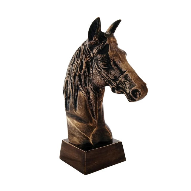 Brass Antique Brass Finish Metal Horse Bust Sculpture For Sale - Image 8 of 9