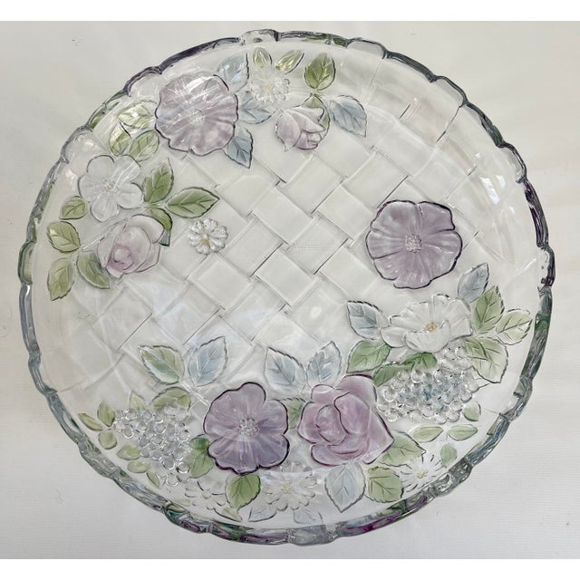 Gorgeous very heavy serving platter with pretty colors of purple, blue and green floral decoration, detailed scalloped rim...