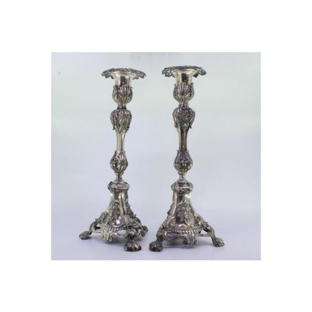 Metal Tripod-Shaped Silver Candlesticks with Embossed Stems, Acanthus Leaves and Cut-Out Base with Feet For Sale - Image 7 of 8