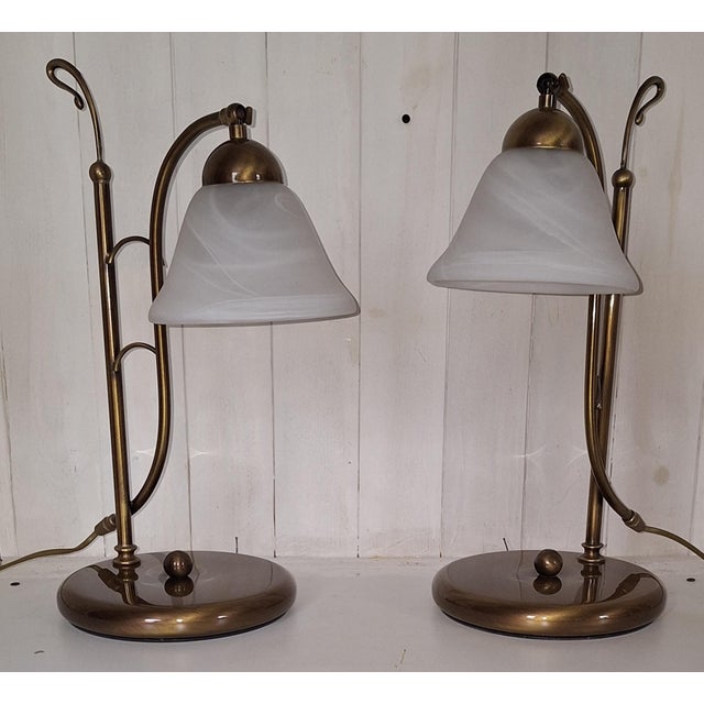 Vintage Italian Table Lamps with Brass Frames and Murano Glass Shades, 1980s, Set of 2, in Very Good conditions. Designed...