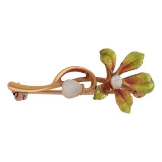 Vintage American Art Nouveau 14k Yellow Gold Enamel and Pearl Lapel Brooch For Sale