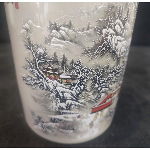 Early 20th Century Chinese Ceramic Pot,Famille Rose Porcelain Brush Pot Hand Painted Snow Scene Landscape Pattern For Sale - Image 5 of 9
