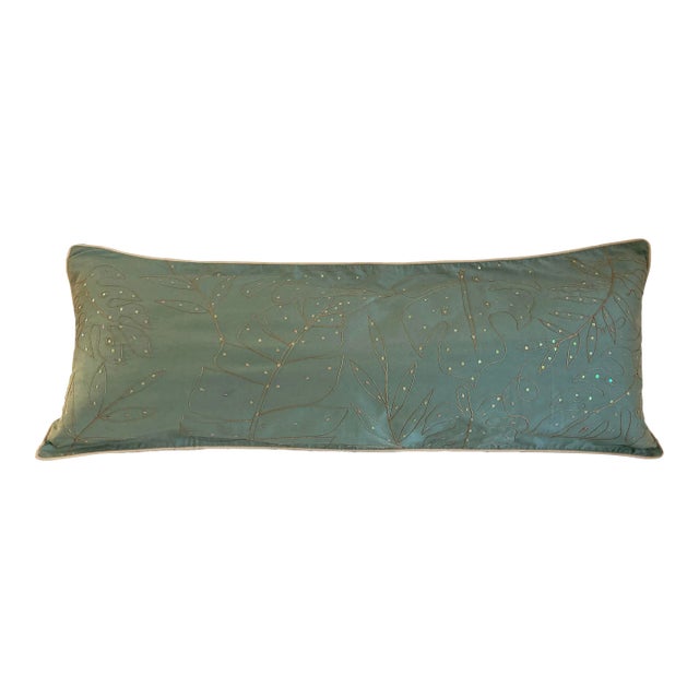 Contemporary Embellished Tropical Botanical Sage Long Lumbar Accent Pillow Cover For Sale