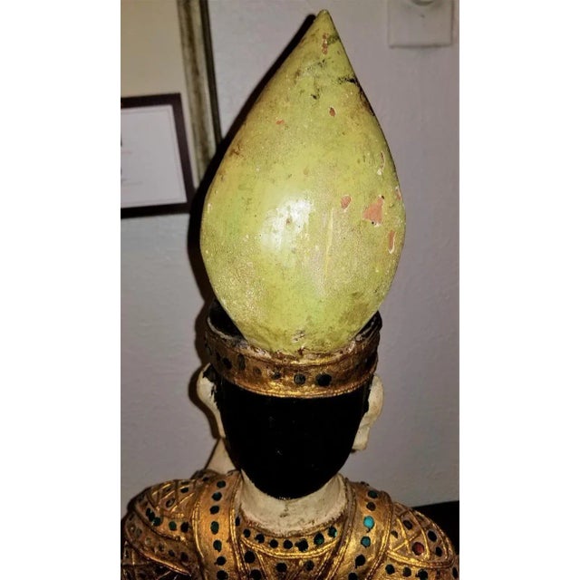 Asian Antique Early 20th Century Thai Seated Boy Emperor Polychrome Statue For Sale - Image 3 of 13