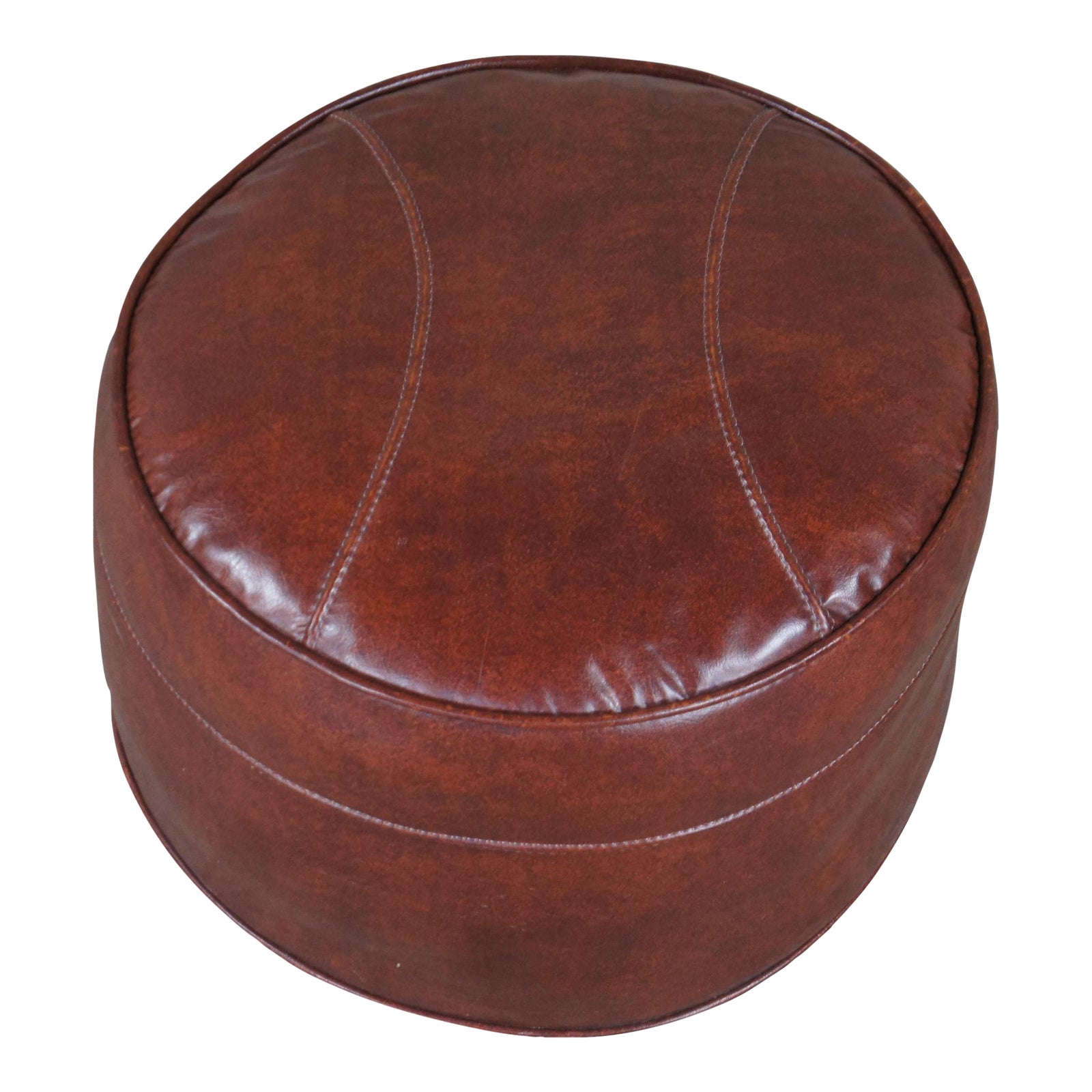 Mid Century Brown Vinyl Faux Leather Foot Stool Hassock Ottoman Pouf