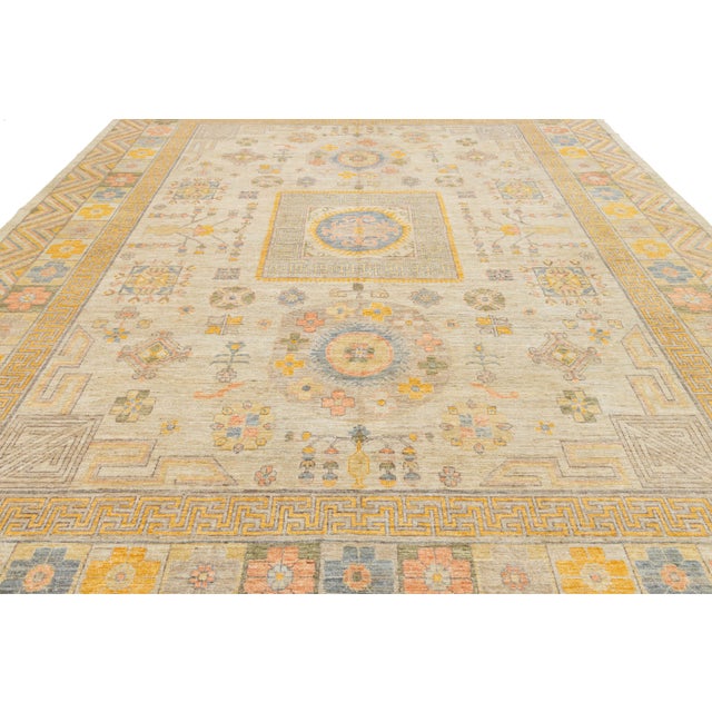 Modern Khotan Style Hand-Knotted Wool Rug - Pastel Geometric Medallion Design For Sale - Image 9 of 11