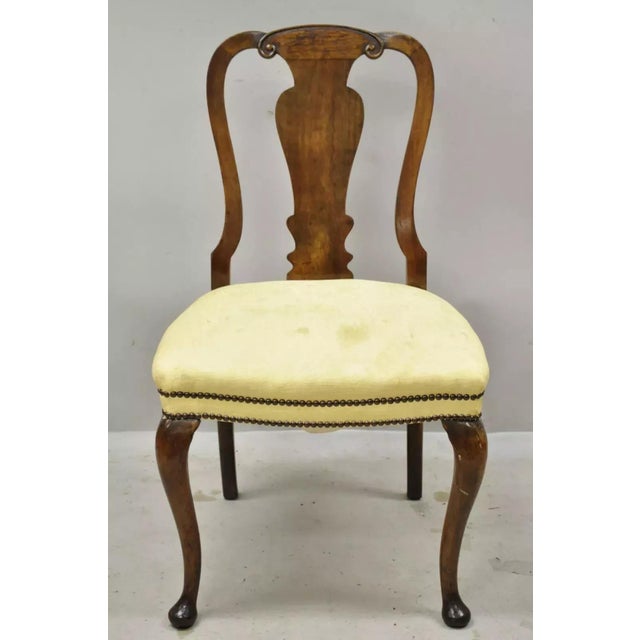 Antique 19th C. English Queen Anne Burr Walnut Splat Back Dining Side Chair. Item features remarkable patina, shapely...