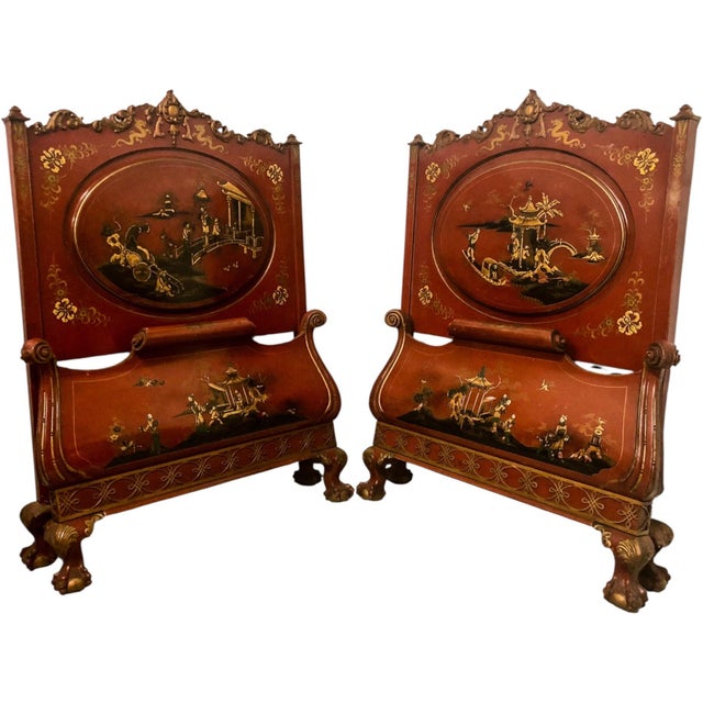 Wood 1930s Georgian Style Ball & Claw Red Chinoiserie Twin Bed Frames - Pair For Sale - Image 7 of 7