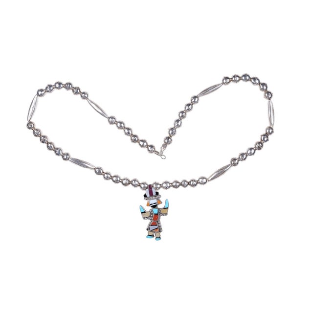 Zuni Sterling Multistone inlay Knifewing with Stamped Bead necklace. Necklace is 24" long, There's a 1" ruler at the...