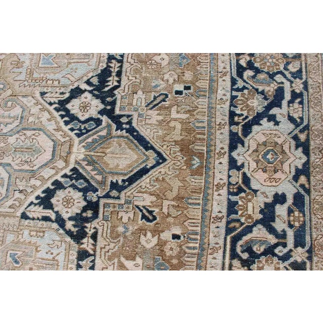 Antique Persian Heriz Rug With Geometric Medallion Design in Taupe, Blue-Gray For Sale - Image 10 of 13
