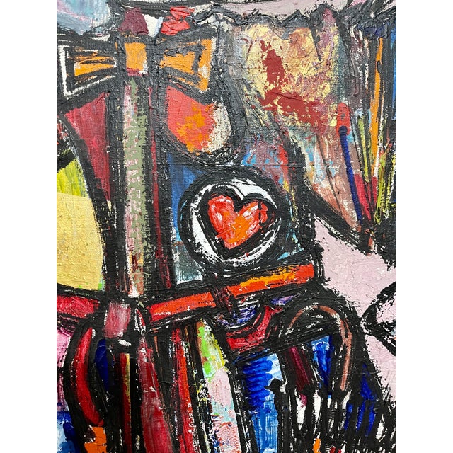 Textile Lazar Obican, Large Naive European Folk Art Oil Painting Lazar Obican French Scarecrow Clown, 1968 For Sale - Image 7 of 9