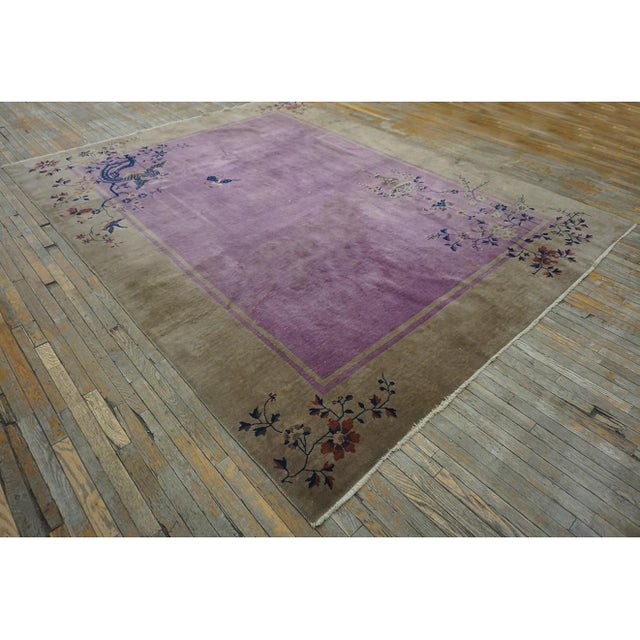 1920s Antique Purple Open Field Bird Chinese Art Deco Room Size Wool Knotted Rug For Sale - Image 4 of 10