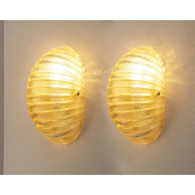 Mid-Century Modern Vintage Italian Wall Lights in Amber Murano Glass and Brass Wall Lights, 1990s, Set of 2 For Sale - Image 3 of 10