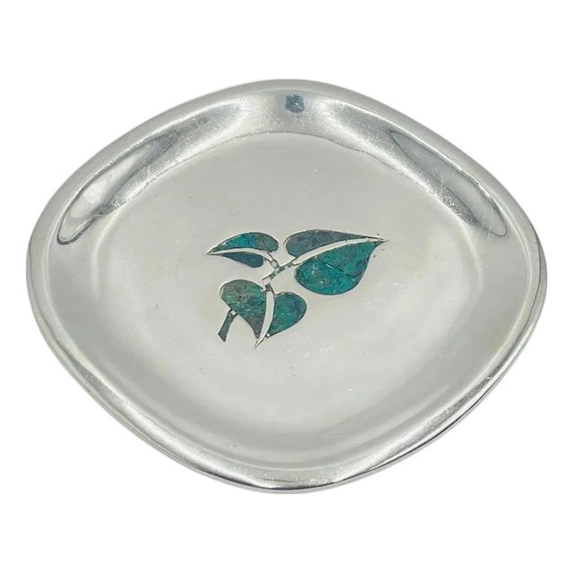 Los Castillo Taxco Malachite Inlay Silver Plate Catchall Tray, Mexico 1960s For Sale