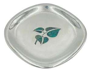 Los Castillo Taxco Malachite Inlay Silver Plate Catchall Tray, Mexico 1960s