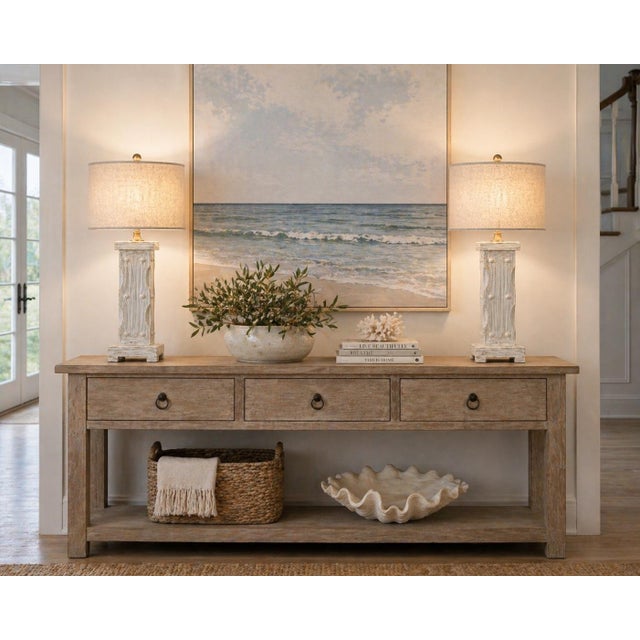 1970s Coastal Breeze Limewashed Column Table Lamps — 16” Linen Drum Shades, Brass Finials - a Pair For Sale In Los Angeles - Image 6 of 8