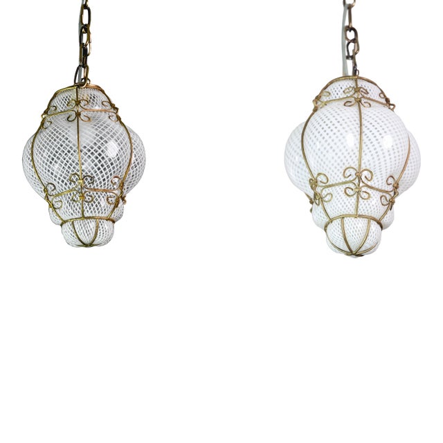 Set of 2 Amazing Venetian Lantern in Murano Reticello Glass, 1950s For Sale