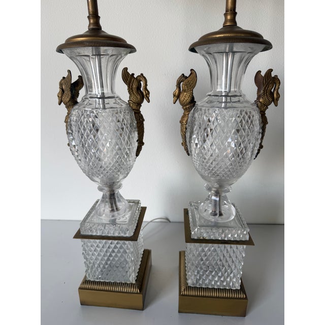 Neoclassical Vintage French Empire Neoclassical Style Cut Crystal & Swan Bronze Ormolu Table Lamps – A Pair For Sale - Image 3 of 13