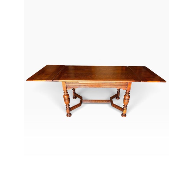 Professionally Restored 1930s Jacobean Revival (William and Mary Style) Solid Oak Draw-Leaf Dining Table For Sale In Houston - Image 6 of 12