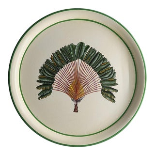 Les Ottomans Flora Palm Leaf Handpainted Round Iron Tray in Off White For Sale