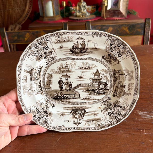 A Antique Brown Transfer Decorated Staffordshire Platter, “Nankin” by Dimmock, Circa 1830’s For Sale - Image 10 of 12