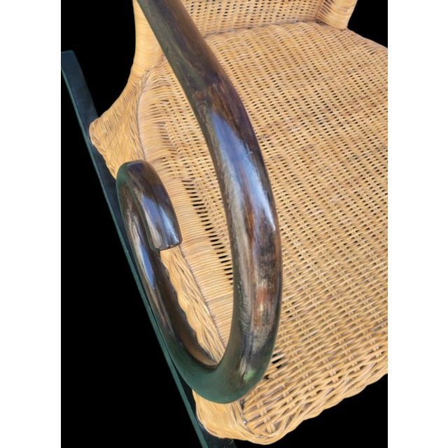 Baker Furniture Company Vintage Wicker Dark Bent Wood British Colonial Coastal Rocking Chair For Sale - Image 4 of 8