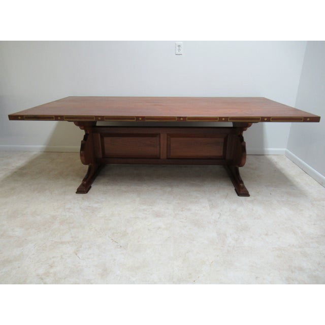 Vintage Teak Mid Century Dining Room Conference Table Custom Brass Inlay For Sale - Image 13 of 13