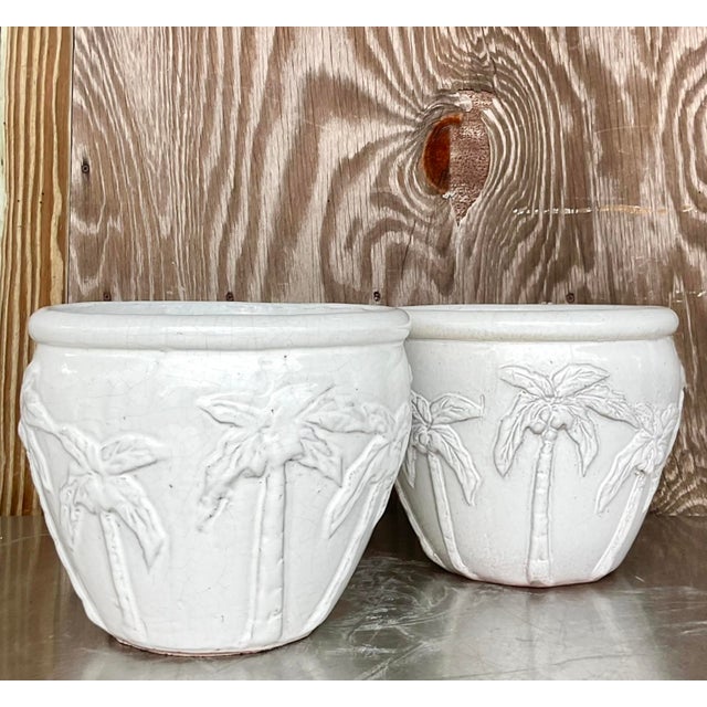 Vintage Glazed Terra Cotta Palm Tree Planters - a Pair For Sale In West Palm - Image 6 of 8