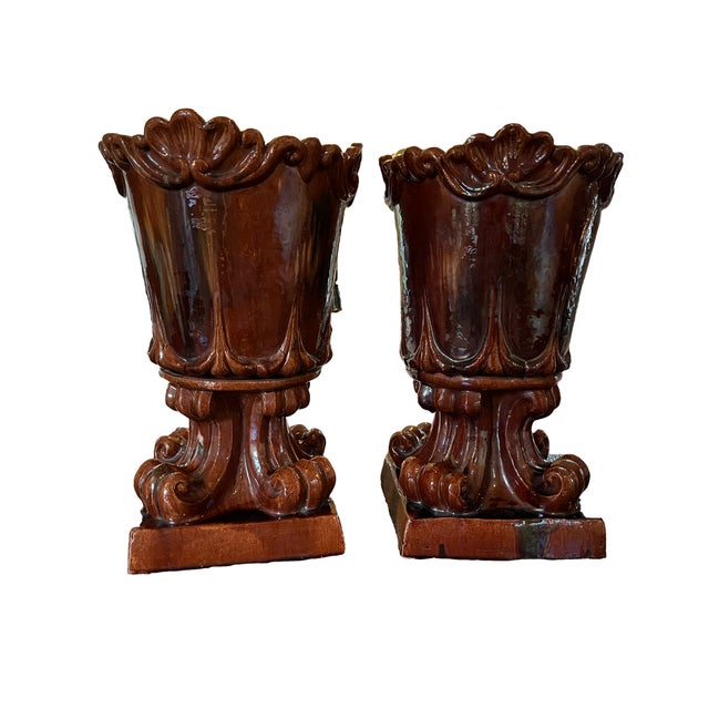French Pair of French Glazed Terracotta Urns Circa Late 19th – Early 20th For Sale - Image 3 of 9