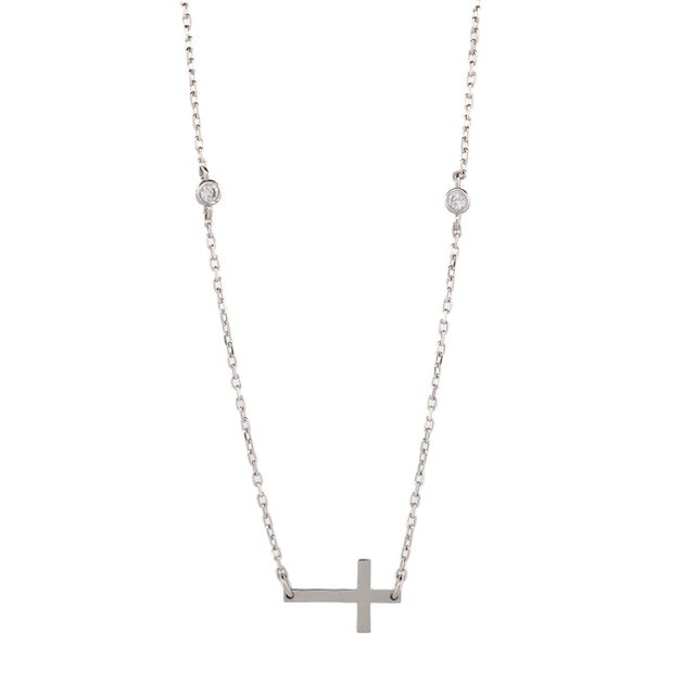 Silver Sterling Silver Cross Charm & Diamond Chain Necklace For Sale - Image 8 of 8