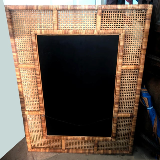 Almond X-Large Mid Mod Artisanal Wicker Cane Framed Wall Mirror For Sale - Image 8 of 8