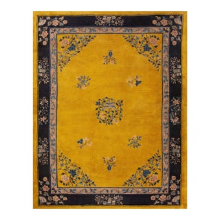 Sparkling Gold Background Color Lovely Roses in a Medallion Design Antique Chinese Peking Rug For Sale