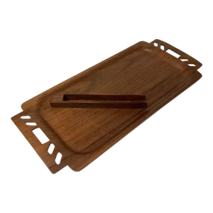 Mid Century Modern Bentwood Tray and Tongs With Cut Out Handles by Overton Original