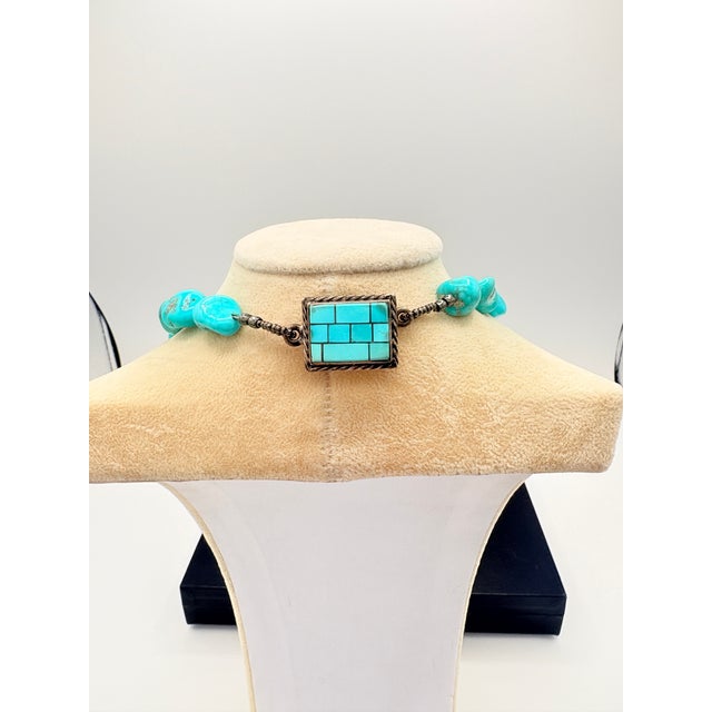 1970s 1970s Hand-Fabricated Sterling and Turquoise Nugget Necklace W/ Mosaic Inlay Clasp For Sale - Image 5 of 16