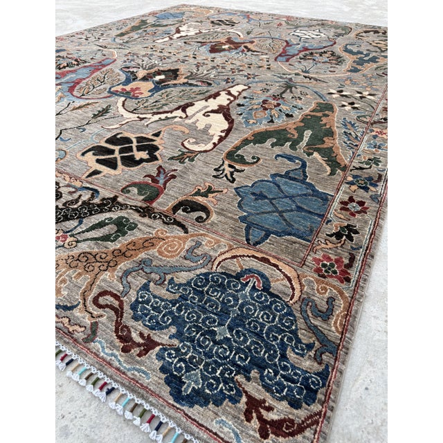 Sickle Leaf Area Rug, Hand-Knotted Wool, Floral, 9x12, Stone & Indigo For Sale - Image 4 of 11