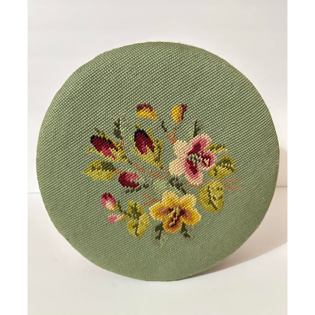 Vintage Mid 20th Century Small Wooden Footstool With Needlepoint Cushion For Sale - Image 9 of 12