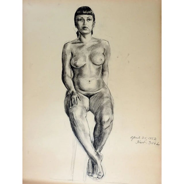 Mid-Century Modern Vintage 1950s Charcoal Seated Nude Female Study Drawing For Sale - Image 3 of 3